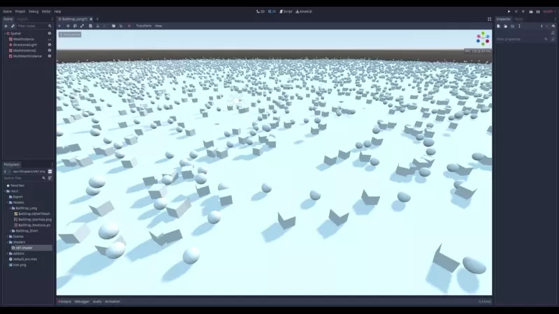 An animated image in the Godot Eninge showing thousands of instances of a spehre falling on a cube and rolling off onto the floor in realtime.