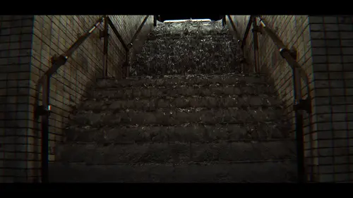 An Image in a dark grungy subway looking up the flooding stairs to the surface entrance where water is pouring in.