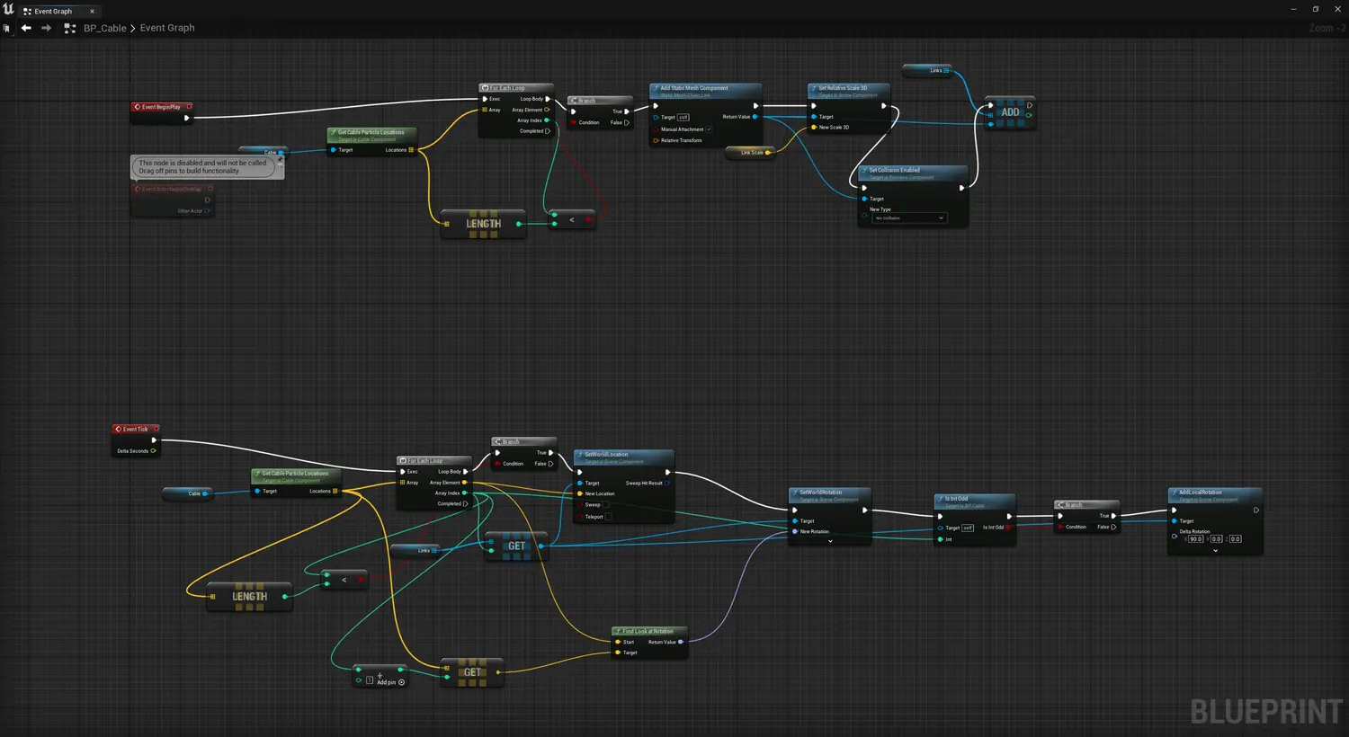 An image of the Blueprint visual scripting language in Unreal Engine 5 showing how the chains are being simulated.