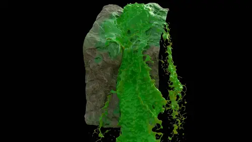 A section of partially modeled cliff side rendered on a black background with very wavy green waterfall spilling all over the place.