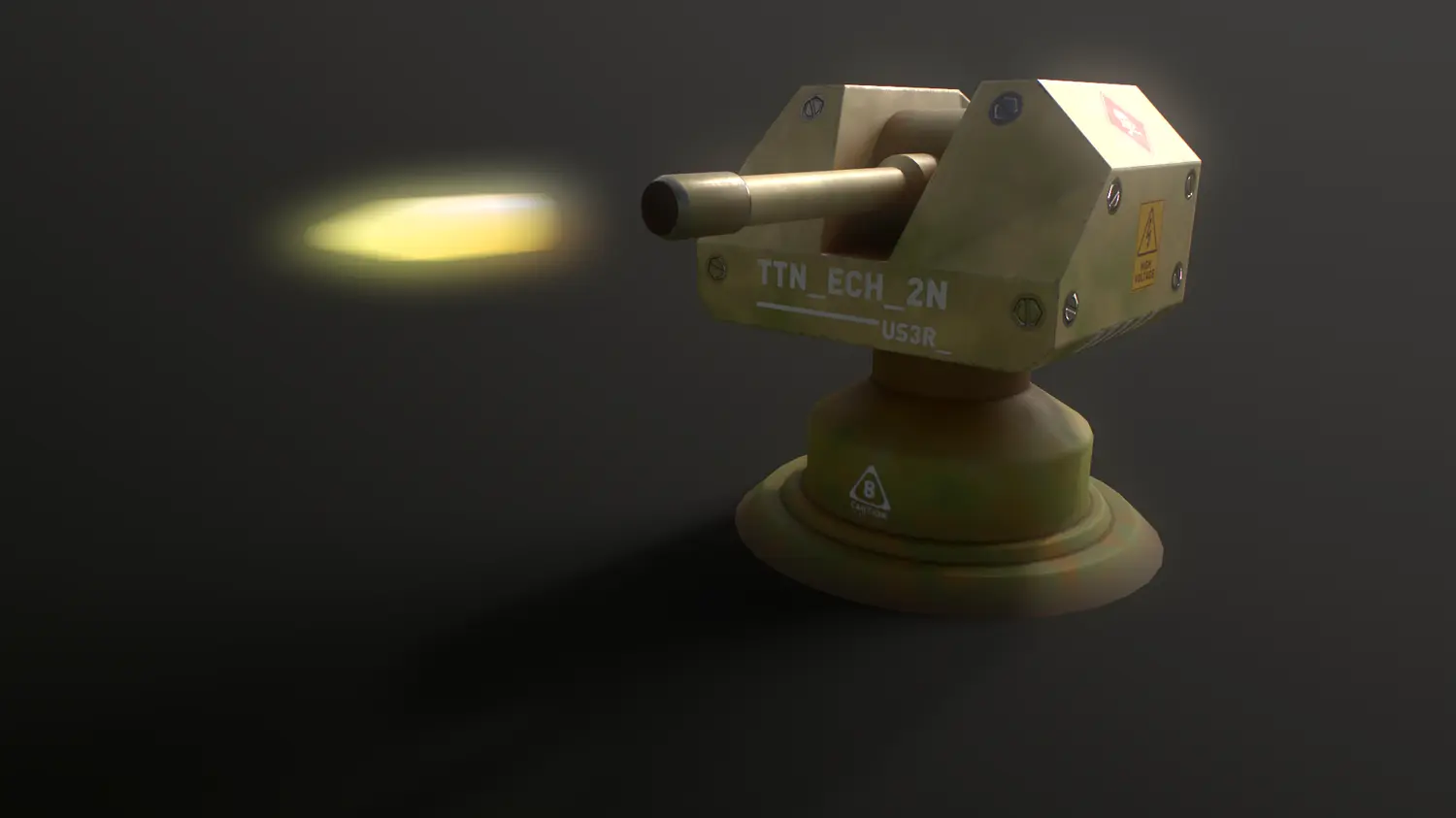 An Image of a Gun Turret in a Overwatch style firing in a studio enviroment and studio lighting.