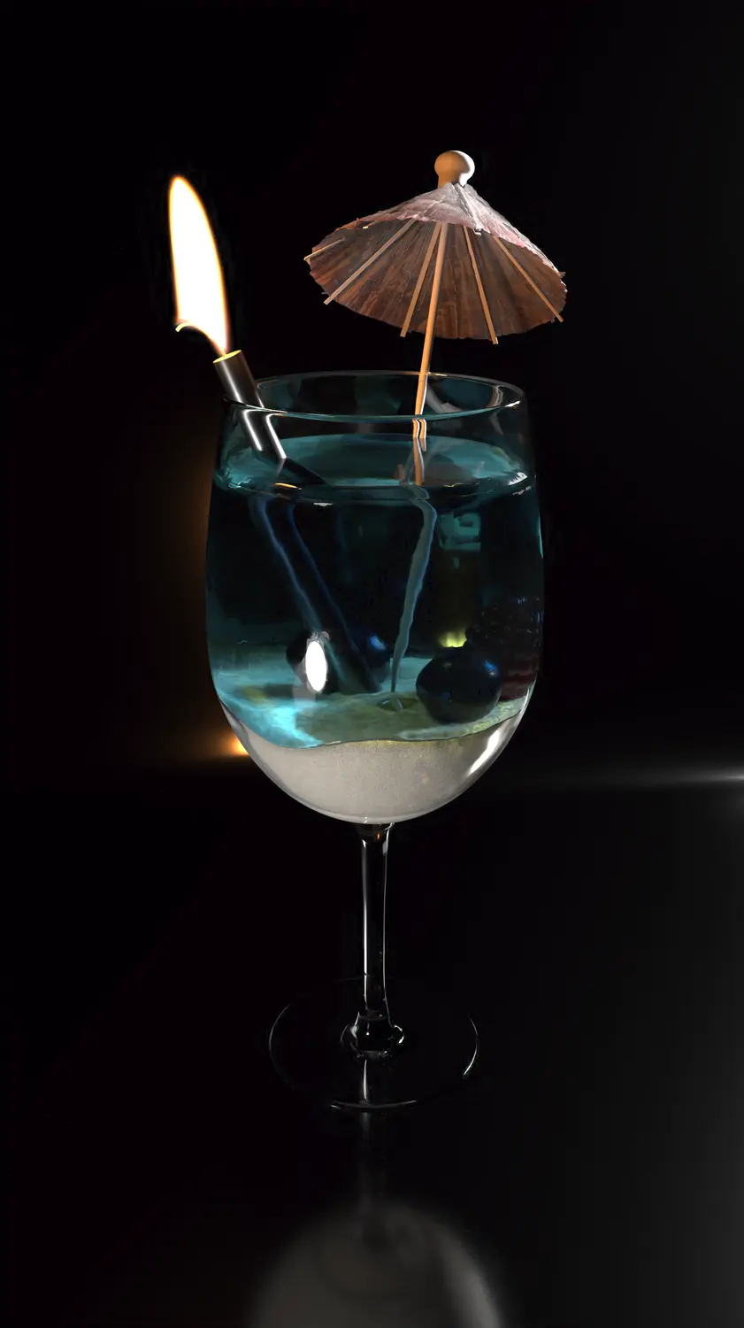 A wineglass on a dark, almost black background, the bottom of the glass is filled with sand. Sitting on top of the sand is two blueberries and a raspberry. The glass is also filled with water that has been dyed light blue. Also inside the glass are a tiki drink umbrella and a metallic silver lit candle slightly shorter then the umbrella