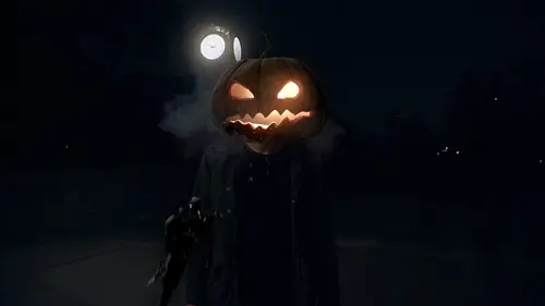 An Image of a dark night with a spooky clock outside, in the forground exists a person with a spooky pumpkin head that has smoke and dark liquid pouring out, the inside of the pumpkin also appears to be on fire. 